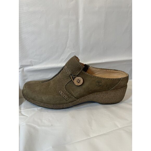 Timberland Mule Shoes Women's  Size 7 Green Brown Nubuck Comfort Gum Crepe Wedge - Picture 8 of 16